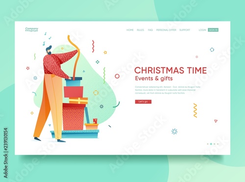 Design winter holidays landing page template. Merry Christmas and Happy New year website layout. Flat people characters with present and goft box. Trendy illustration for holiday offer banner. Vector photo