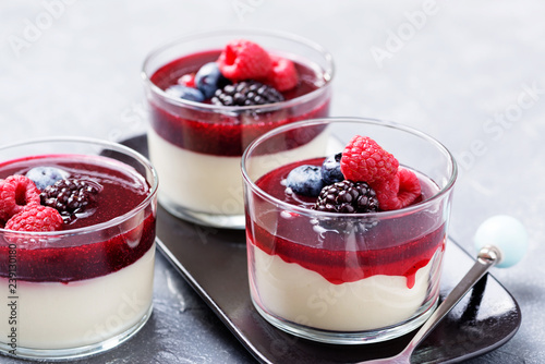 Delicious italian dessert panna cotta with berry sauce, fresh berries and mint on gray background. - Image photo