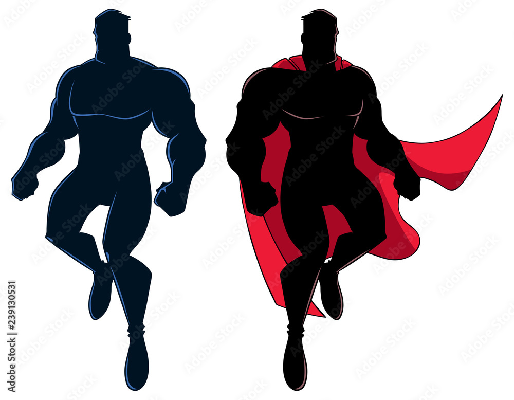 Silhouette illustration of cartoon superhero flying up during mission, on  white background and in 2 versions. Stock Vector | Adobe Stock