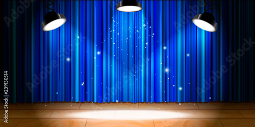 Empty beige wooden stage with blue drape and bright light