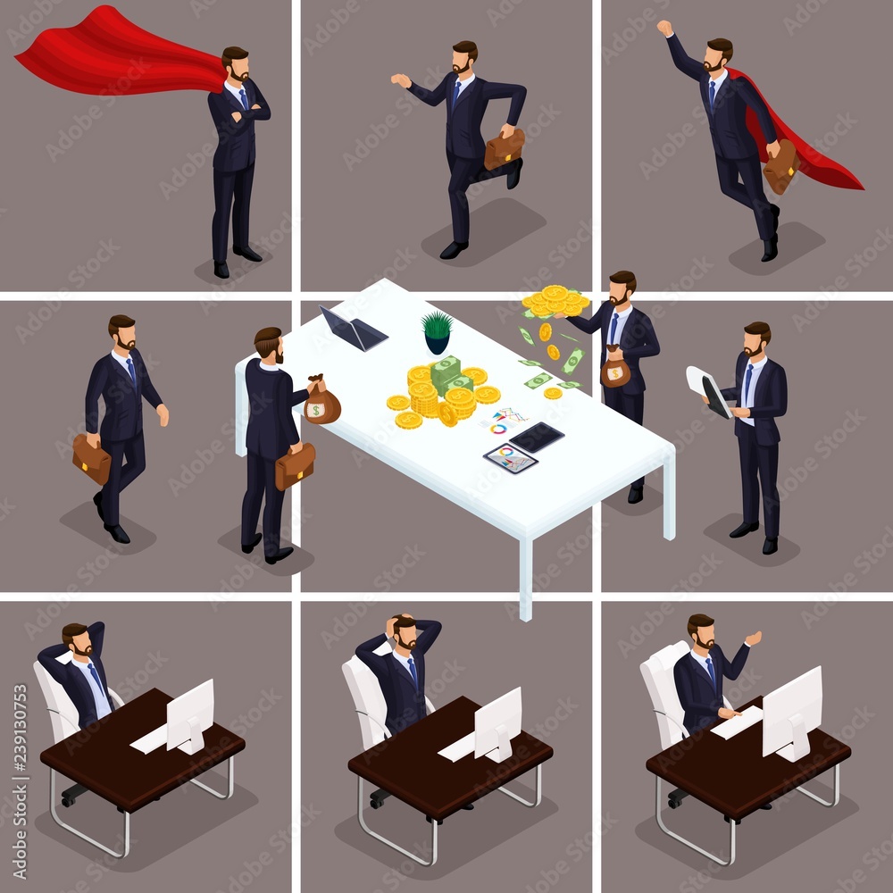 Isometric cartoon people, 3d businessmen, a set of concepts with a businessman and a bunch of money, an investor millionaire superman for vector illustrations Isometric cartoon people, 3d businessmen, a set of concepts with a businessman and a bunch of money, an investor millionaire superman for vector illustrations