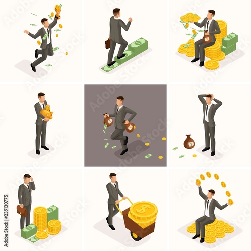 Isometric cartoon people, 3d businessmen, a set of concepts with a businessman and a bunch of money, an investor millionaire rich man for vector illustrations