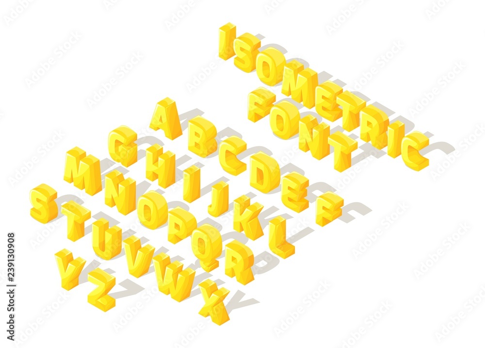 Isometric cartoon font, 3D letters, bright large set of letters of the English alphabet for creating vector illustrations