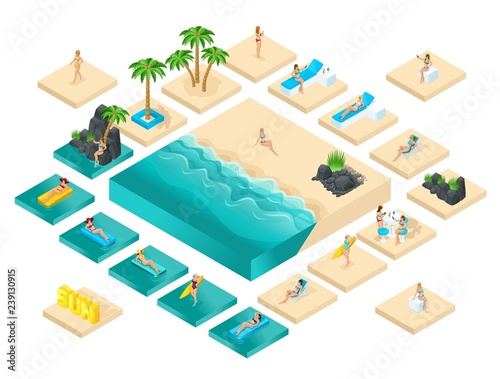 Isometric cartoon vector people, 3d girl in swimsuit, set for creating her beach with beautiful sea waves bright summer vector illustration