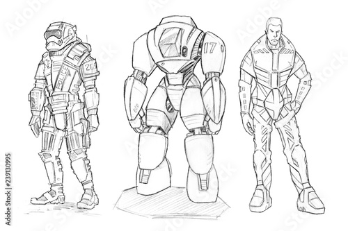 Set of black and white rough ink drawings of various characters in sci-fi futuristic spacesuit or battle, space or pressure suit and humanoid robot.