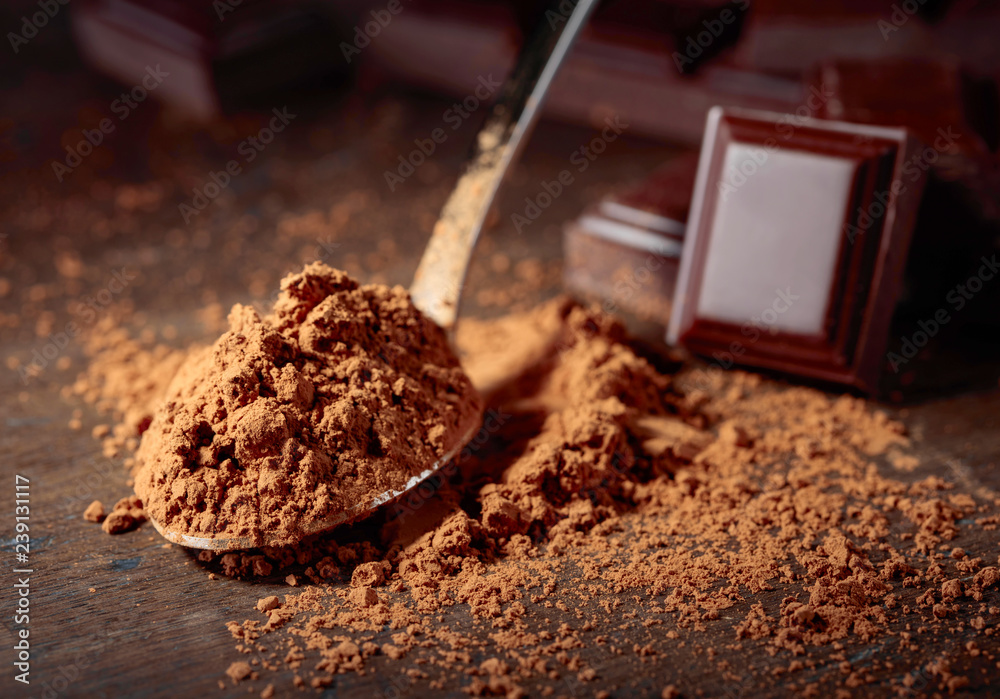 Broken chocolate pieces and cocoa powder . Broken chocolate pieces and cocoa powder .