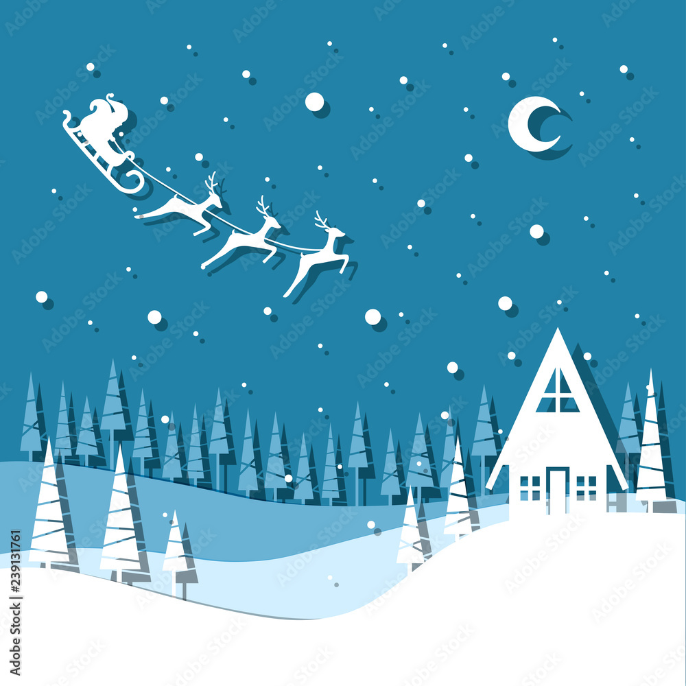 Fototapeta premium Vector illustration greeting card for winter holidays. Santa Claus with reindeers and sleigh on night sky. Trees and house. Paper cut out style. Blue colors. 
