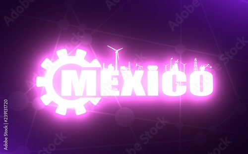 Energy and Power icons. Sustainable energy generation and heavy industry. Mexico word build in gear. 3D rendering