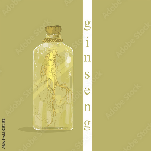 ПечатьTincture of ginseng root. Korean ginseng. Medicinal plant. Korean folk medicine. Therapeutic tincture of the Panax root.