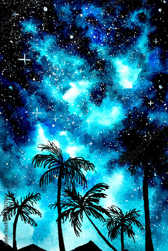 palm trees and sky watercolor illustration