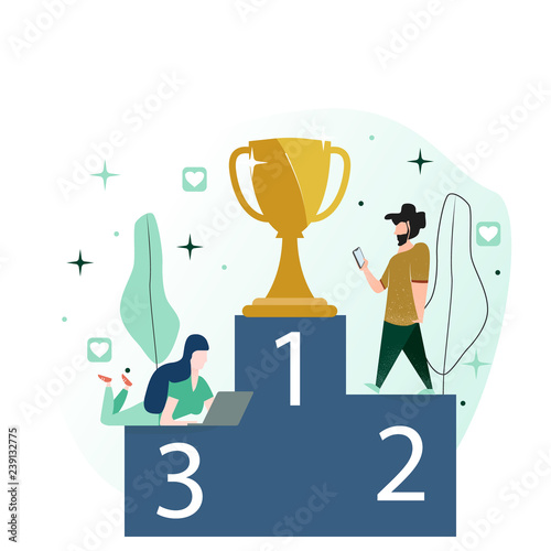 Vector illustration in a flat style. A man with a beard that looks at a mobile phone, a girl with a laptop, both are striving for the first place.