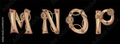 Symbols of the Latin alphabet M N O P. The letters of the English language. Copper and brass steampunk mechanisms with tubes, gears and rivets. Freely editable isolated on black background.