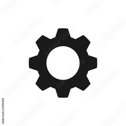 Black isolated icon of cogwheel on white background. Silhouette of gear wheel. Flat design. Settings.