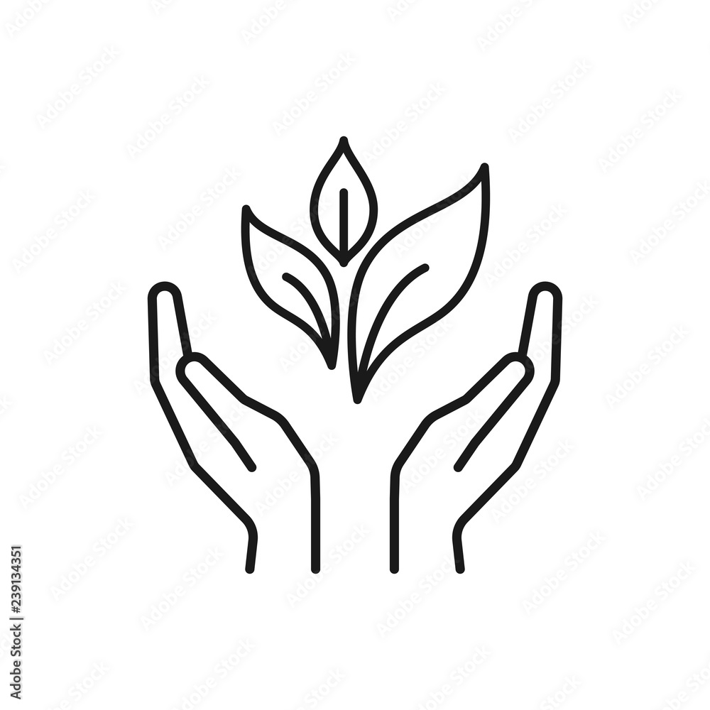 Isolated black outline icon of plant in hands on white background. Line icon of leaf and hands. Symbol of care, protection, charity. Isolated black outline icon of plant in hands on white background. Line icon of leaf and hands. Symbol of care, protection, charity.