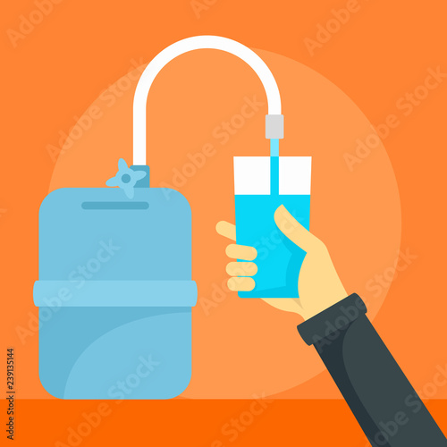 Hand glass water tank concept background. Flat illustration of hand glass water tank vector concept background for web design
