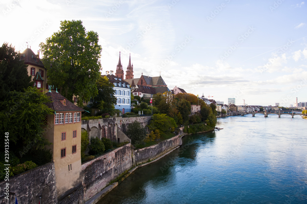Old town of Basel, Switzerland with the cathedral above the Rhine river