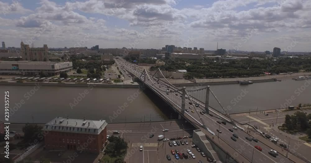 Aerial view of the central region in Moscow, Russia. Bridge over Moscow river, Gorky park, heavy traffic and boats crossing the river 4k Aerial view of the central region in Moscow, Russia. Bridge over Moscow river, Gorky park, heavy traffic and boats crossing the river 4k