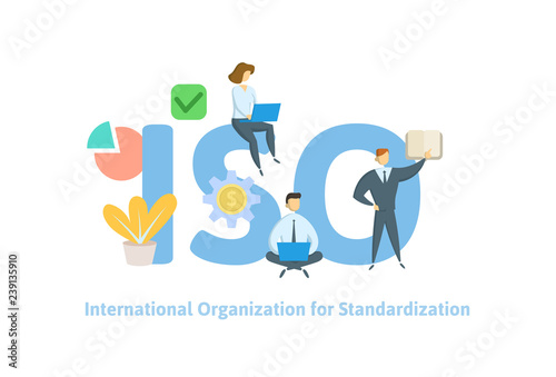 ISO standart, International Organization for Standardization. Concept with people, letters, and icons. Colored flat vector illustration on white background.