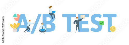 AB split test choice. Concept with keywords, letters, and icons. Colored flat vector illustration. Isolated on white background.