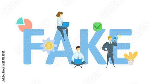 FAKE. Concept with keywords, letters, and icons. Colored flat vector illustration. Isolated on white background.