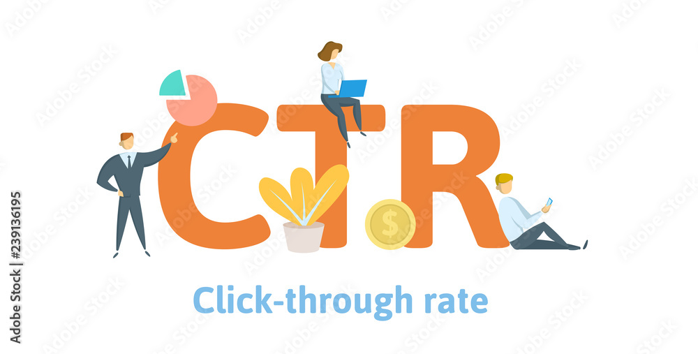 CTR, click trough rate. Concept with keywords, letters, and icons. Colored flat vector illustration. Isolated on white background. CTR, click trough rate. Concept with keywords, letters, and icons. Colored flat vector illustration. Isolated on white background.
