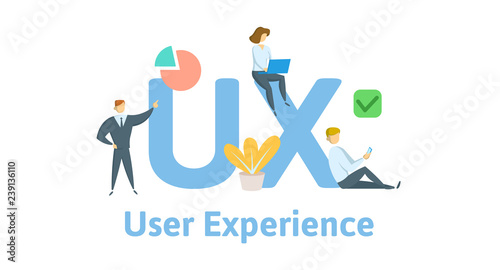 UX, user experience, user interface. Concept with keywords, letters, and icons. Colored flat vector illustration. Isolated on white background.