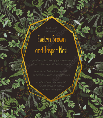Design watercolor vector geometric golden frame on a brown background with leaves of forest fern, boxwood and eucalyptus branches, brunia. Can be used for wedding invitations, postcards