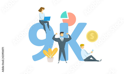 9K likes, followers online social media banner. Concept with keywords, letters, and icons. Colored flat vector illustration. Isolated on white background.