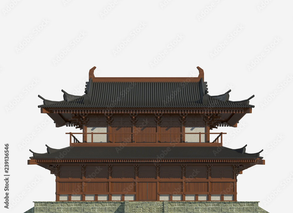 Fototapeta premium Japanese building isolated on white background 3d illustration