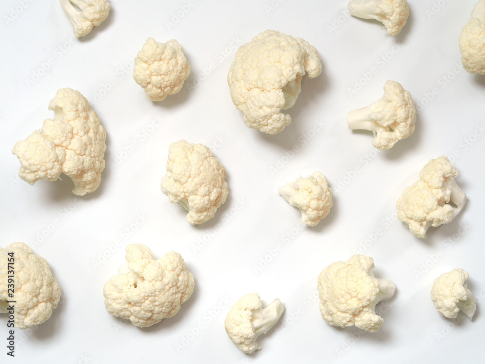 Portions of Cauliflower on white background as objects and as texture and background. Portions of Cauliflower on white background as objects and as texture and background.