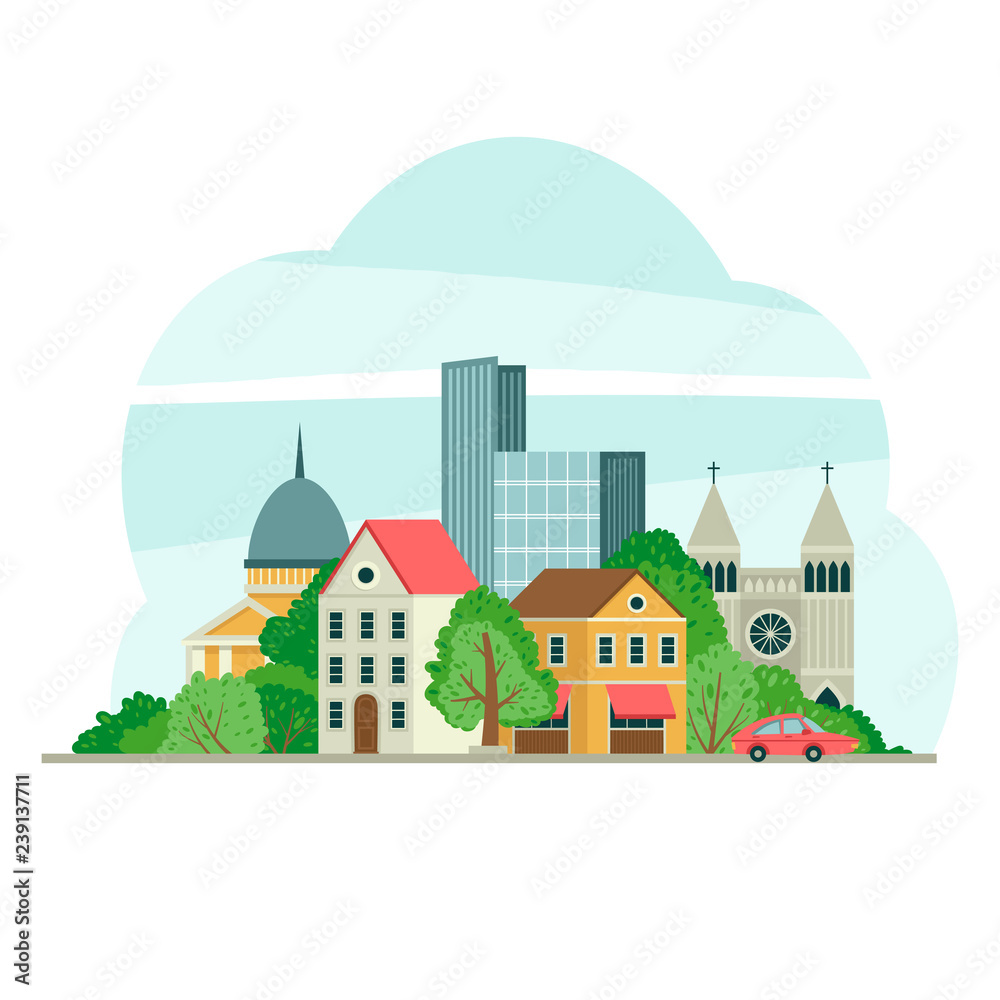 Illustration with cityscape in flat style.