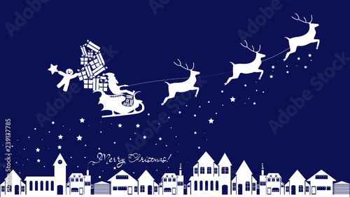 Silhouette of santa claus on sleigh full of gifts and his reindeers. Happy new year decoration. Merry christmas holiday. New year  celebration. Vector illustration in flat style
