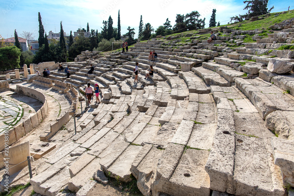 Greece, Athens. Acropolis. Theatre of Dionysus - Immagine.  Theater of Dionysus marble seats, Athens, Greece
