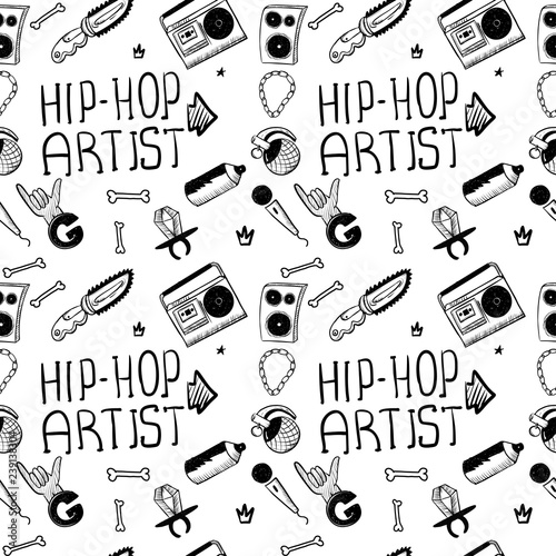 Hip hop artist. Hip hop doodle pattern with rap attributes