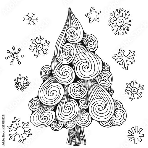 Christmas tree and snowflakes. Vector Pattern for adult coloring book. Doodle style. Black and white Sketch. Zentangle.