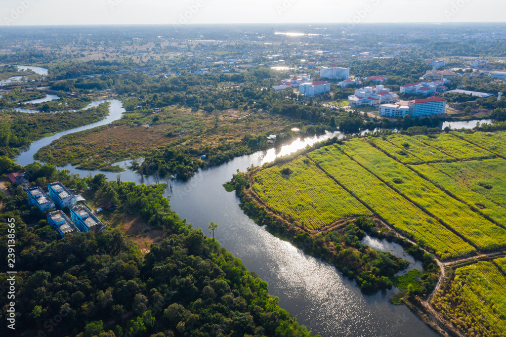 Fototapeta premium Top view of agricultural and river areas.
