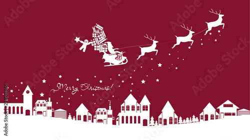 Silhouette of santa claus on sleigh full of gifts and his reindeers. Happy new year decoration. Merry christmas holiday. New year  celebration. Vector illustration in flat style