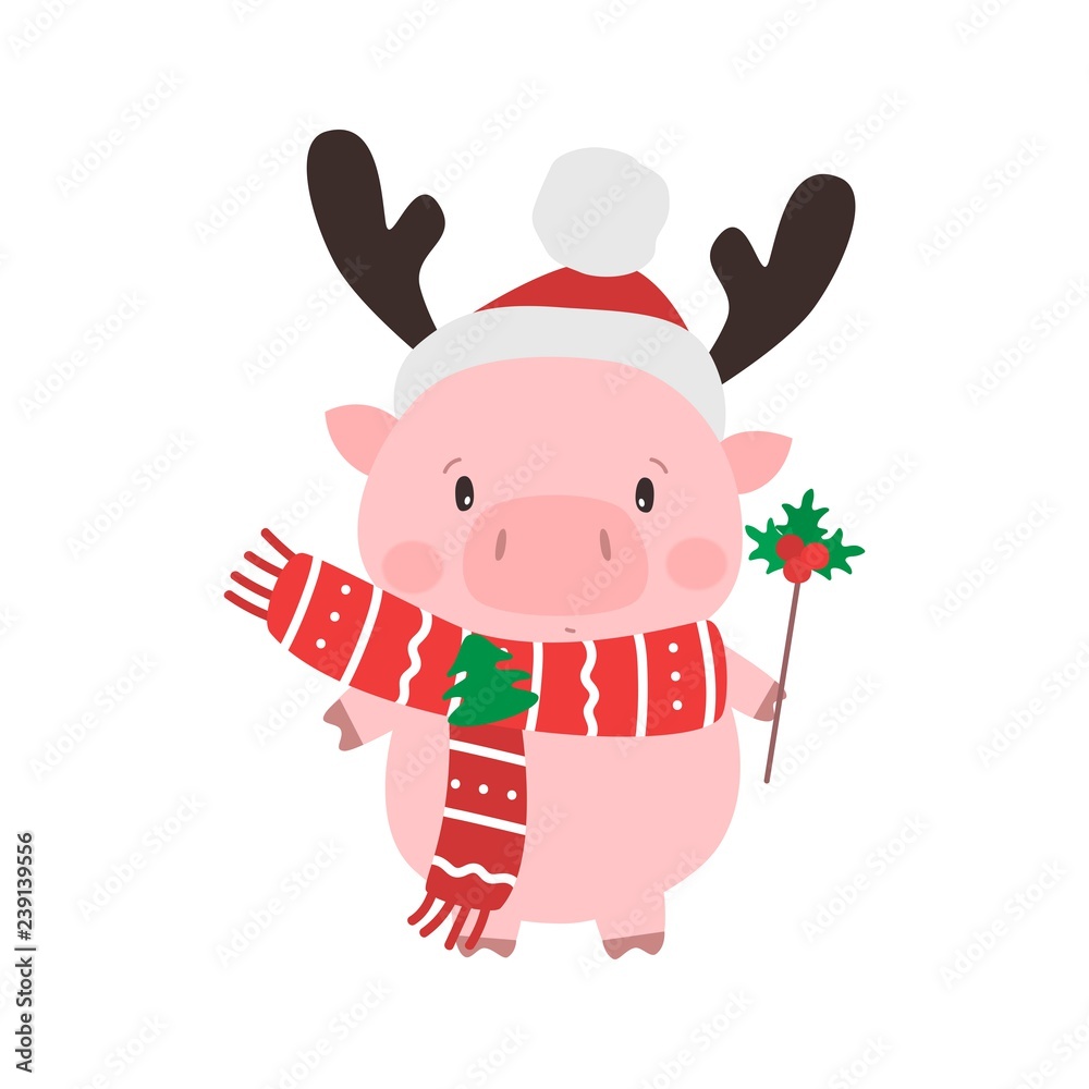 Cute pig in santa hat. Symbol of Chinese New Year 2019. Vector illustration. Cute pig in santa hat. Symbol of Chinese New Year 2019. Vector illustration.