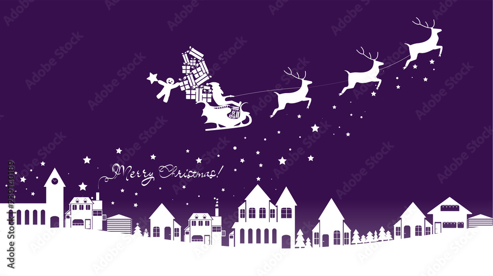 Fototapeta premium Silhouette of santa claus on sleigh full of gifts and his reindeers. Happy new year decoration. Merry christmas holiday. New year celebration. Vector illustration in flat style