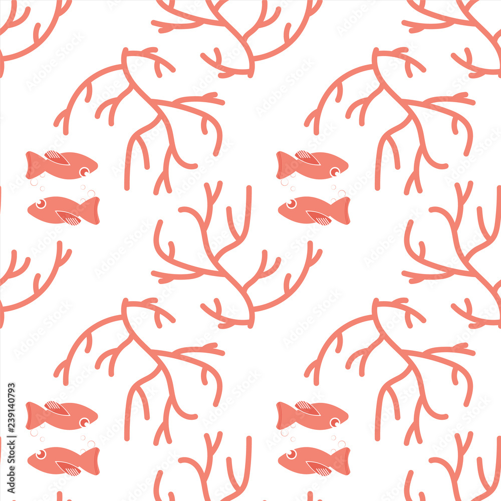 Coral and Fish Seamless Pattern Background in Minimalist Modern Style. Vector Illustration. Coral and Fish Seamless Pattern Background in Minimalist Modern Style. Vector Illustration.