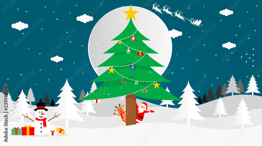Vector illustration graphic design of Santa Cross, reindeer, Snowman and Christmas tree on the land of snow in front of the full moon on Christmas night with snow falling.