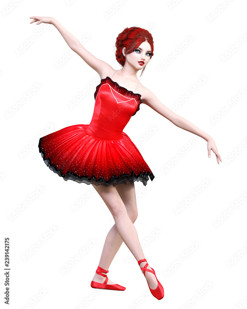Dancing ballerina.Red ballet tutu.Redhead girl with blue eyes.Ballet dancer.Studio photography.High key.Conceptual fashion art.3D render realistic illustration.White background. Dancing ballerina.Red ballet tutu.Redhead girl with blue eyes.Ballet dancer.Studio photography.High key.Conceptual fashion art.3D render realistic illustration.White background.