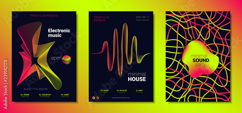 Music Posters Set witn Wave Lines and Distortion.