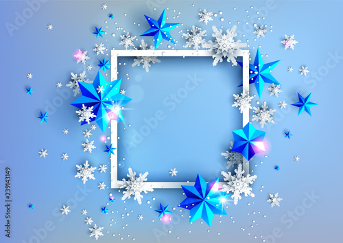 Realistic shine Banner with place for text template. Shine winter decoration on light blue background with snowflakes and stars