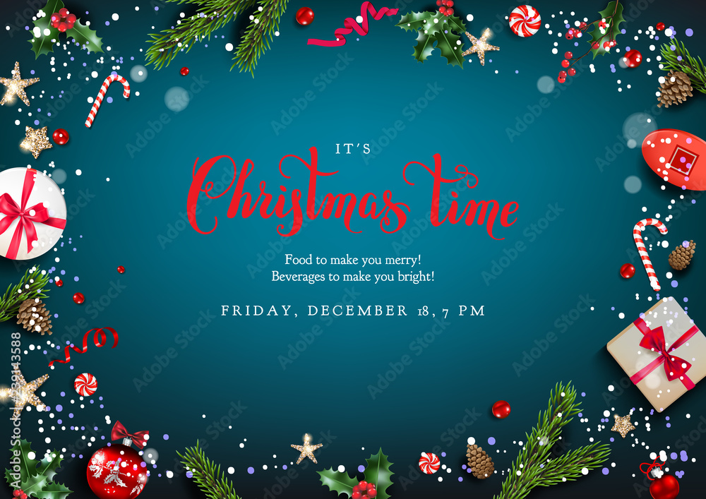 Blue holiday card with Christmas decorations and balls, stars, gift boxes, fir tree branches on fairy blue background. Christmas festive template. Blue holiday card with Christmas decorations and balls, stars, gift boxes, fir tree branches on fairy blue background. Christmas festive template.