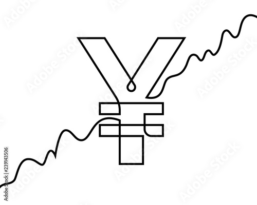 Linear yapanese yen sigh and growing line chart. Continuous line drawing
