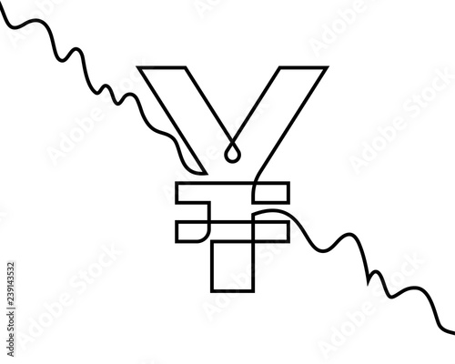 Linear yapanese yen sigh and falling line chart. Continuous line drawing