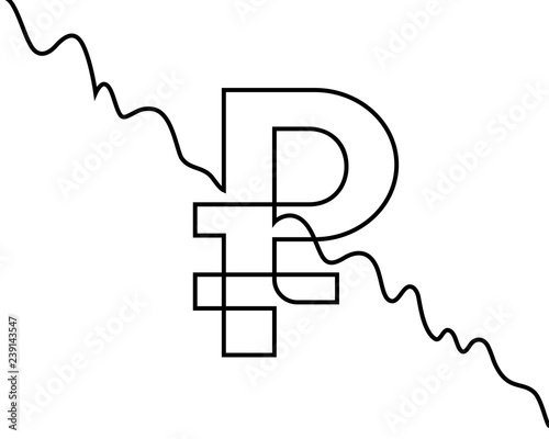 Linear rouble sigh and falling line chart. Continuous line drawing