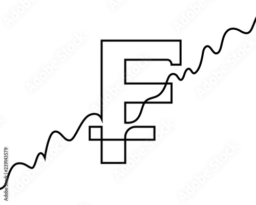 Linear swiss franc sigh and growing line chart. Continuous line drawing