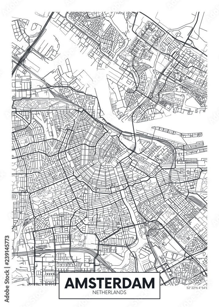 Obraz premium Mapa miasta Amsterdam, projekt plakatu wektor podróży